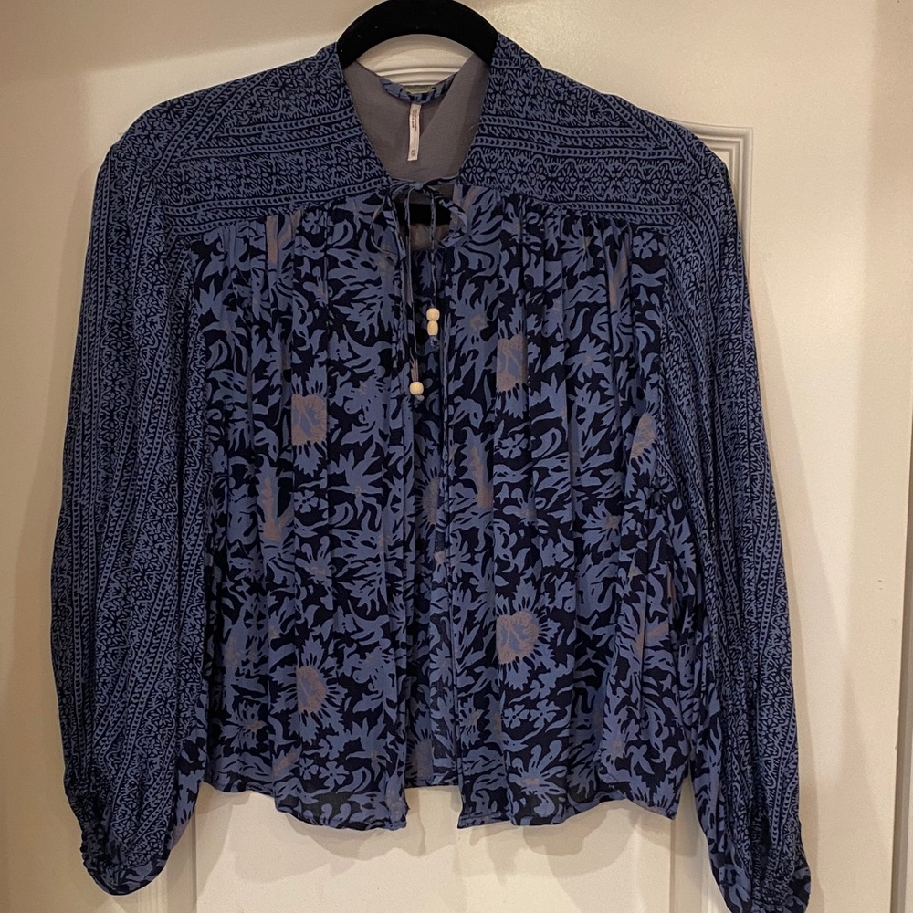 Free People Jakarta Indigo Mixed Print Balloon Sleeve Jacket boho